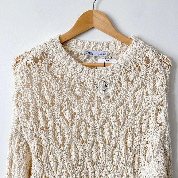 Zara Cotton  Pointelle Open Knit Sweater Ecru White NWT Size Small - Picture 6 of 9